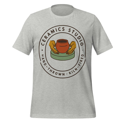 Ceramics Studio Badge hand-thrown pottery t-shirt — Athletic Heather, front