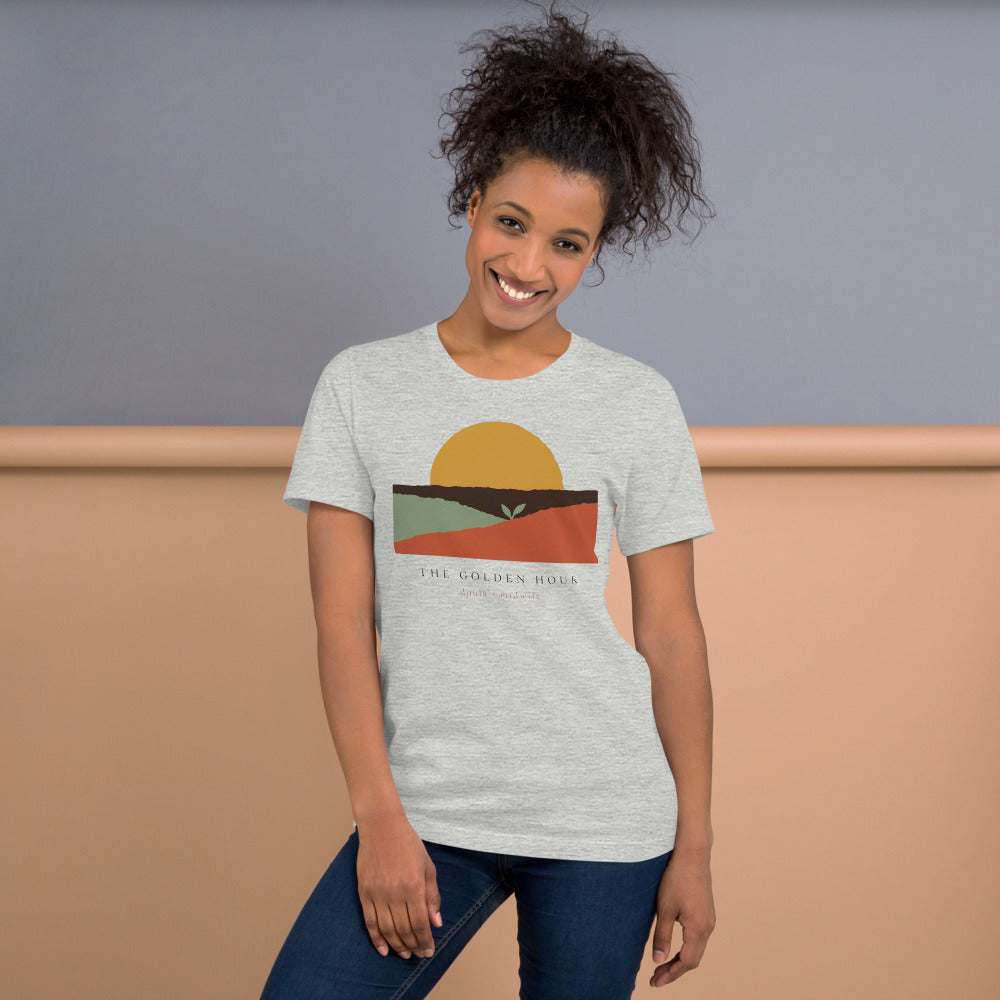 The Golden Hour birth worker doula t-shirt — Athletic Heather, on model