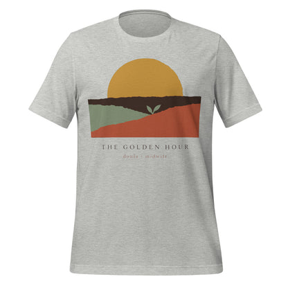 The Golden Hour birth worker doula t-shirt — Athletic Heather, front