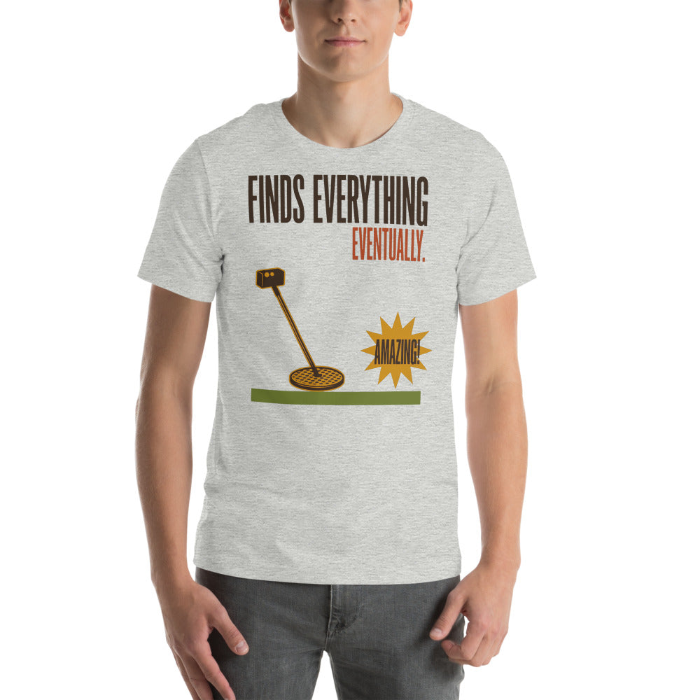 Finds Everything Eventually retro metal detecting tee — Athletic Heather, on model