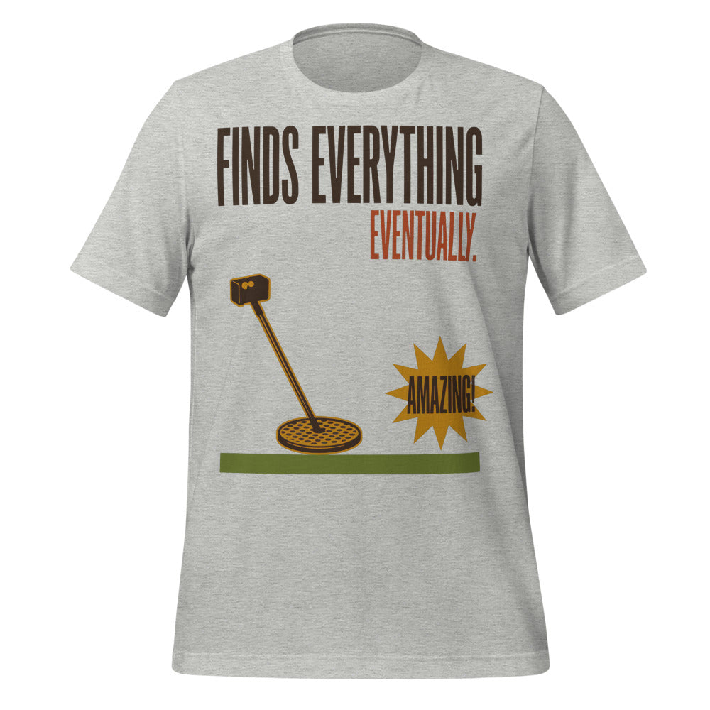 Finds Everything Eventually retro metal detecting tee — Athletic Heather, front