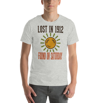 Lost in 1912 Found on Saturday retro metal detecting tee — Athletic Heather, on model