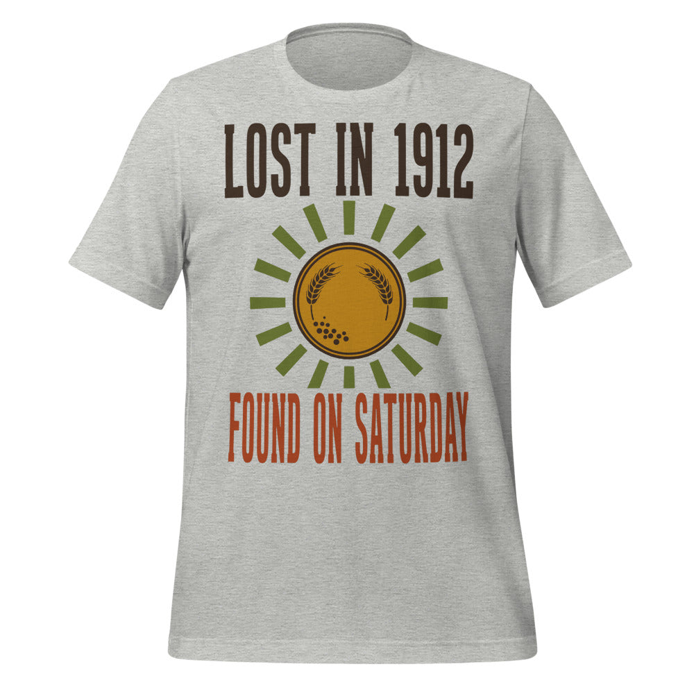 Lost in 1912 Found on Saturday retro metal detecting tee — Athletic Heather, front