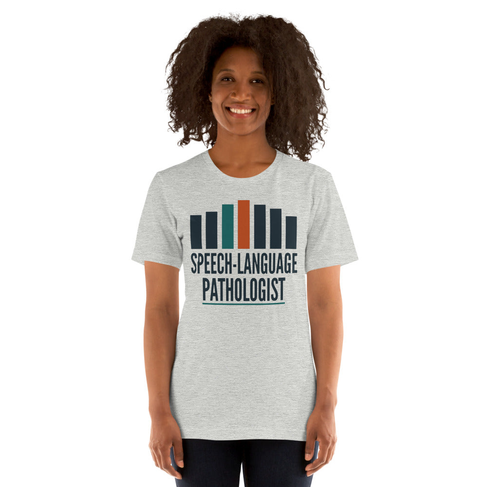 Mid-Century Clinic speech therapy tee — Athletic Heather, on model