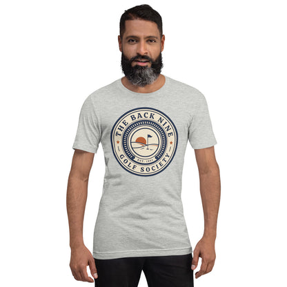 The Back Nine vintage golf roundel tee — Athletic Heather, on model