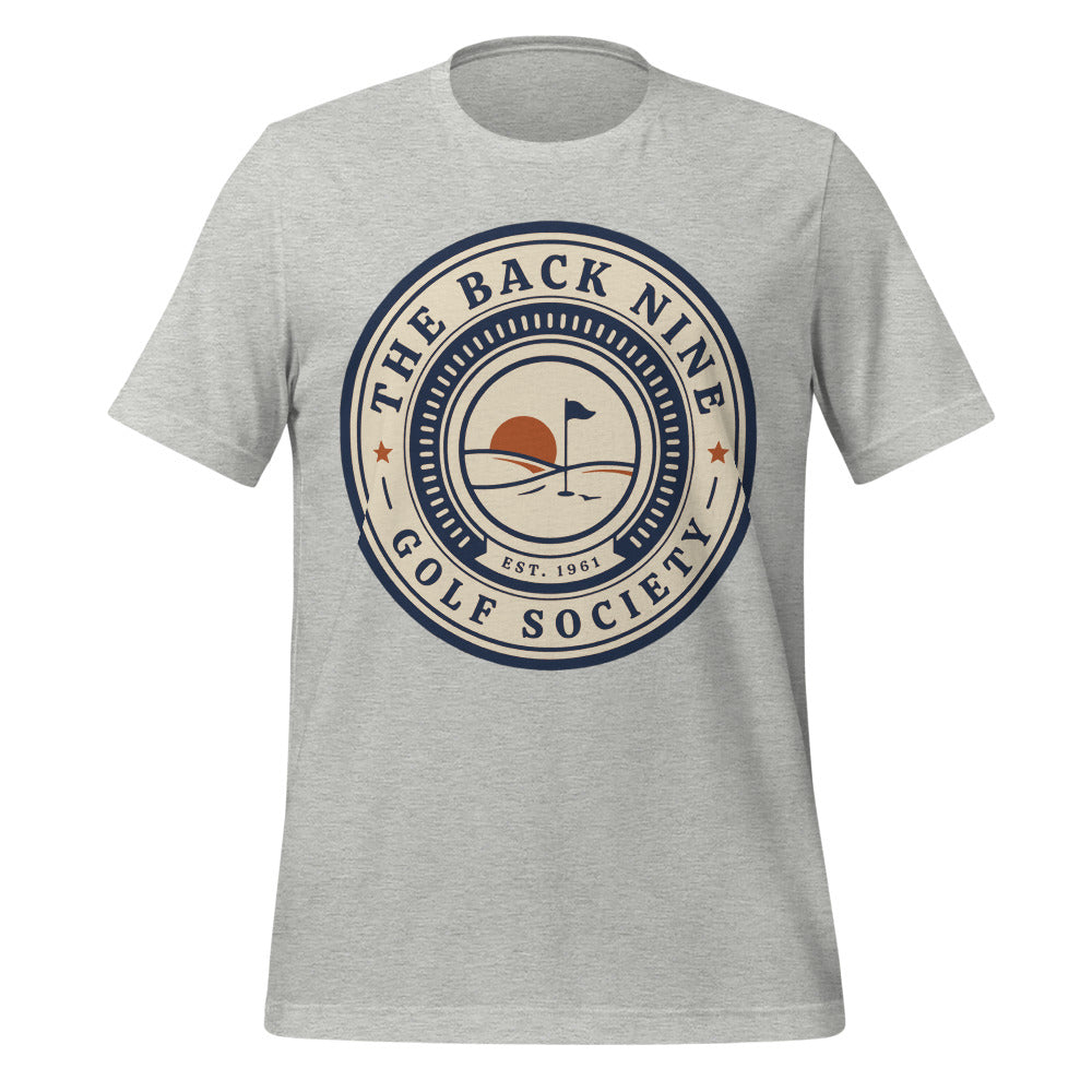 The Back Nine vintage golf roundel tee — Athletic Heather, front