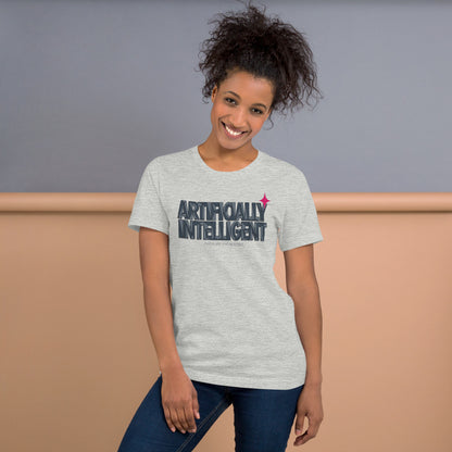 Artificially Intelligent funny AI t-shirt — Athletic Heather, on model