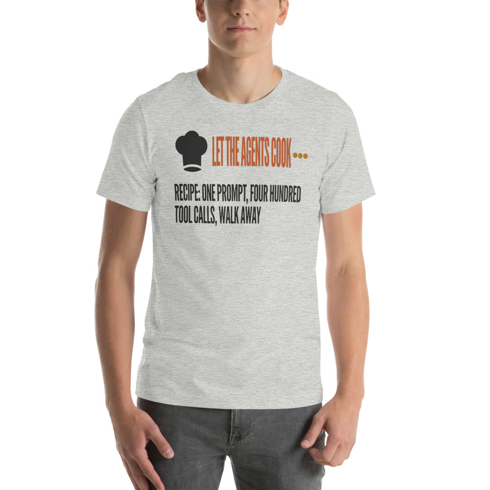 Let The Agents Cook tee — Athletic Heather, on model