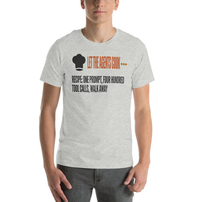 Let The Agents Cook tee — Athletic Heather, on model