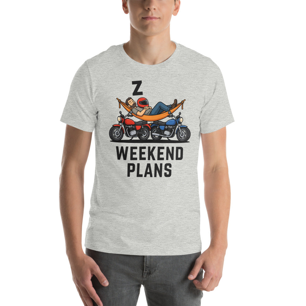 Weekend Plans funny motorcycle dad tee — Athletic Heather, on model