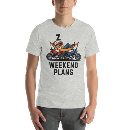 Weekend Plans funny motorcycle dad tee — Athletic Heather, on model