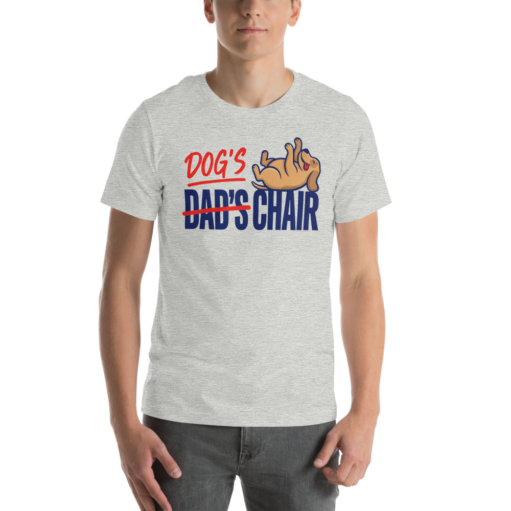 Dog's Chair funny dog dad tee — Athletic Heather, on model