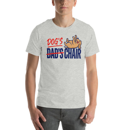 Dog's Chair funny dog dad tee — Athletic Heather, on model