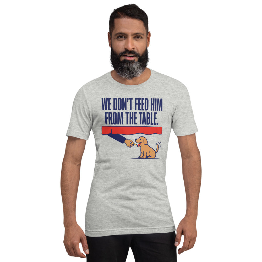 From The Table funny dog dad tee — Athletic Heather, on model
