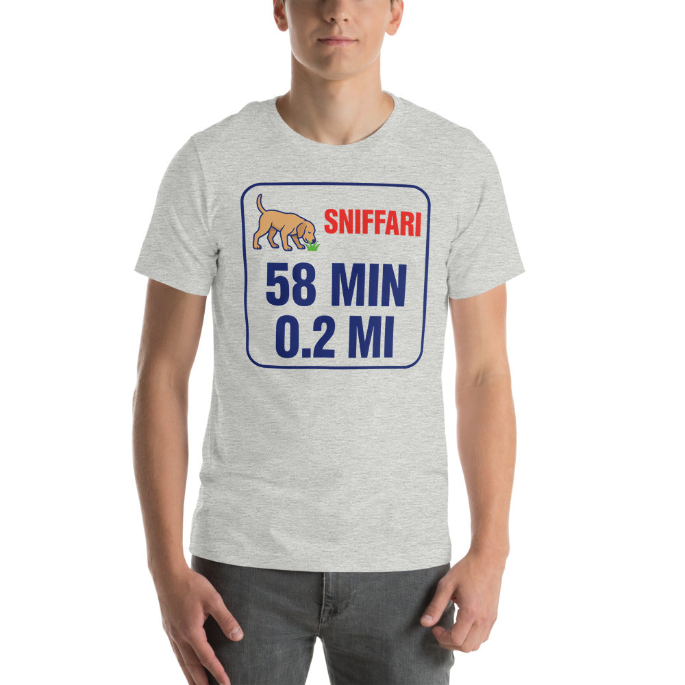 Sniff Walk Recap funny dog dad tee — Athletic Heather, on model