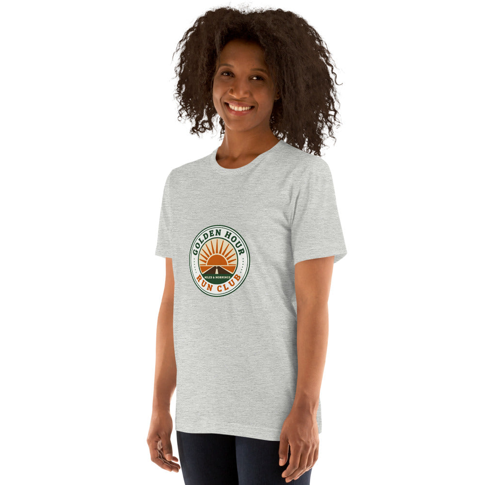 Golden Hour Run Club retro running tee — Athletic Heather, on model