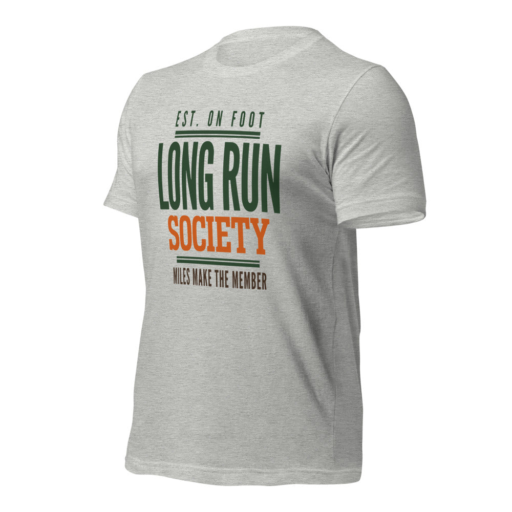 Long Run Society retro running tee — Athletic Heather, front-right