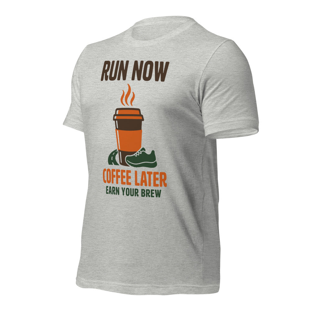 Run Now Coffee Later funny running tee — Athletic Heather, front-right