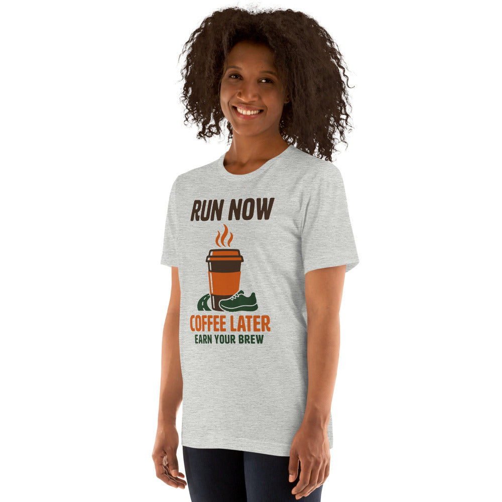 Run Now Coffee Later funny running tee — Athletic Heather, on model