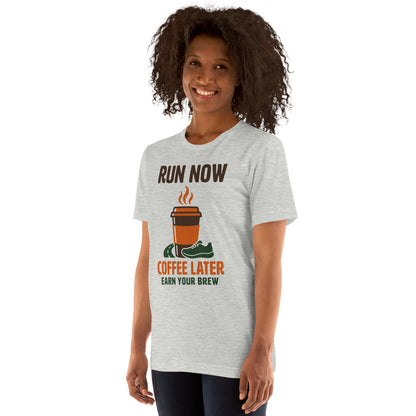 Run Now Coffee Later funny running tee — Athletic Heather, on model
