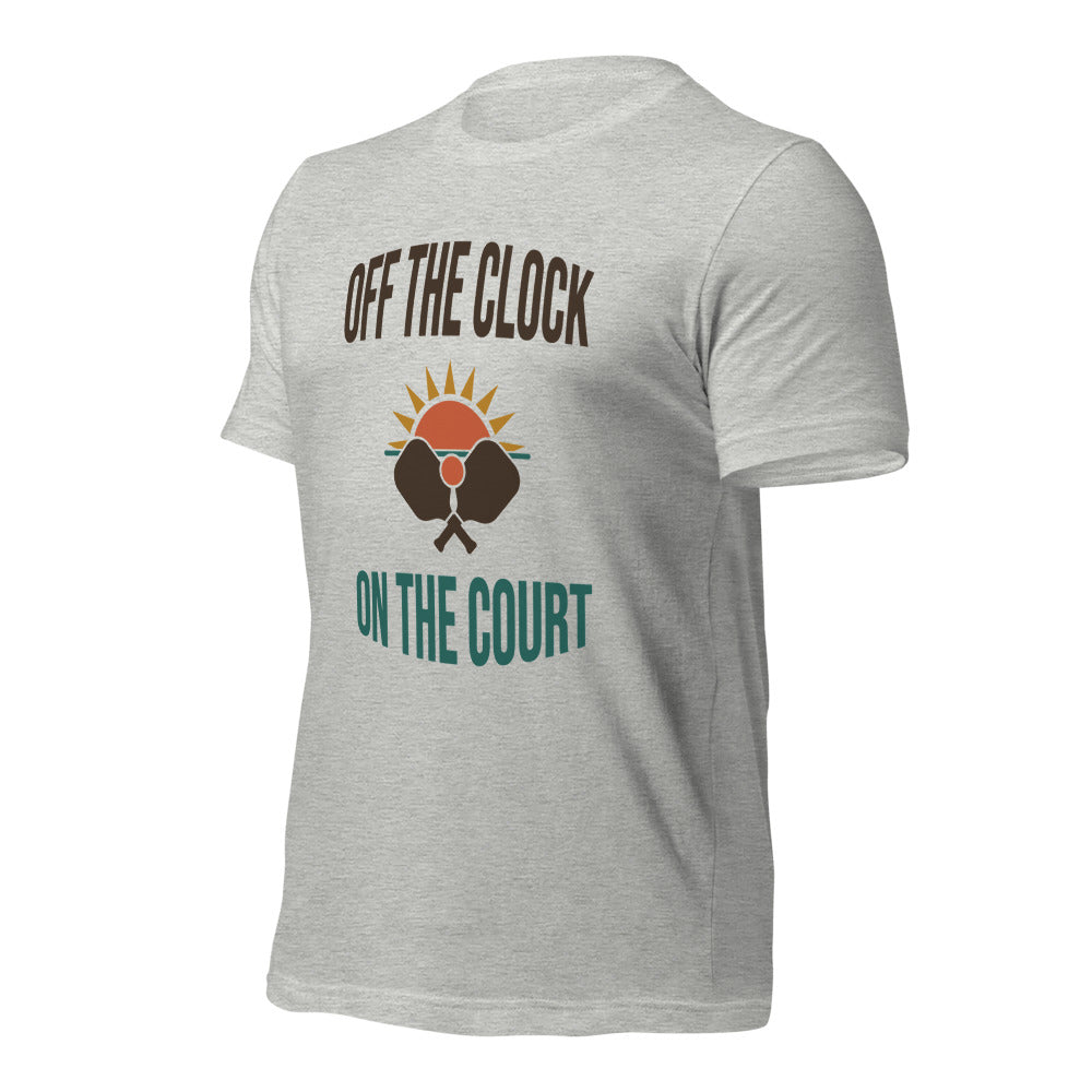 Off The Clock On The Court retro pickleball tee — Athletic Heather, side