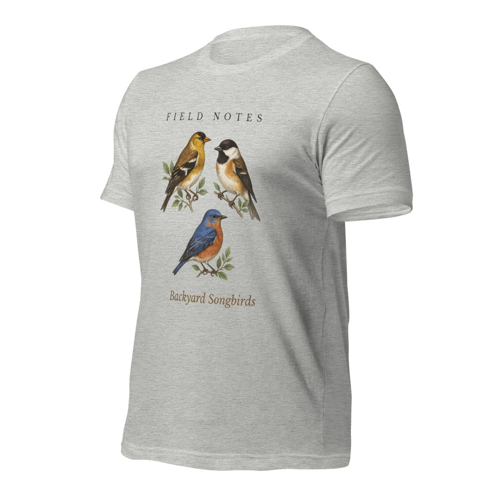 Backyard Songbirds vintage field-guide tee — Athletic Heather, front-right