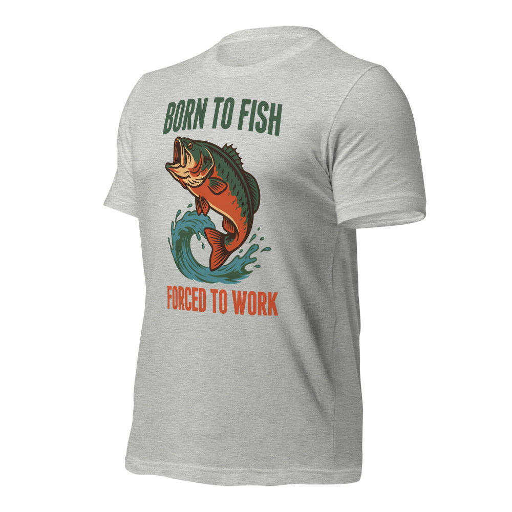 Born to Fish Forced to Work retro fishing humor tee — Athletic Heather, front-right
