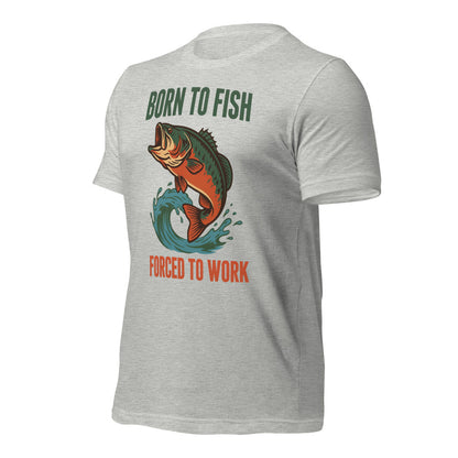 Born to Fish Forced to Work retro fishing humor tee — Athletic Heather, front-right