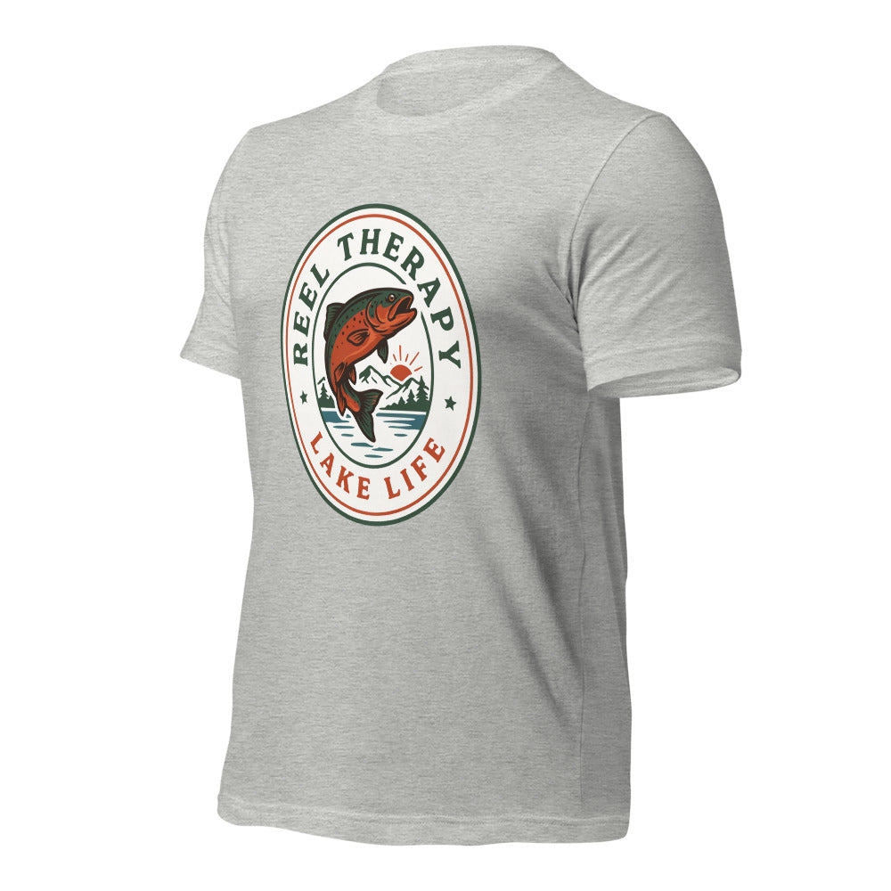 Reel Therapy retro national-park trout badge fishing tee — Athletic Heather, front-right