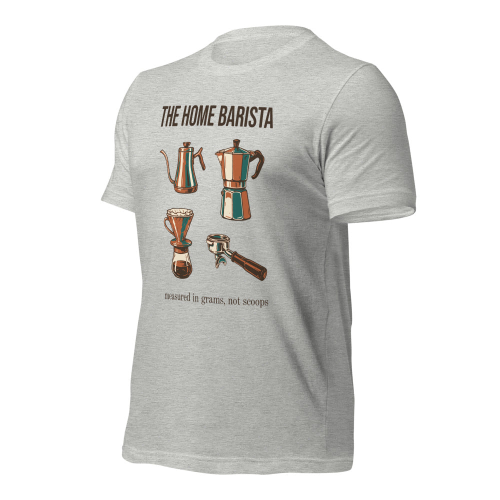 The Home Barista specialty coffee tee — Athletic Heather, front-right