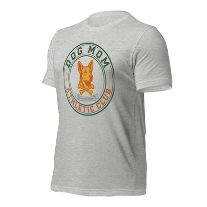 Dog Mom Athletic Club vintage varsity crest tee — Athletic Heather, front-right