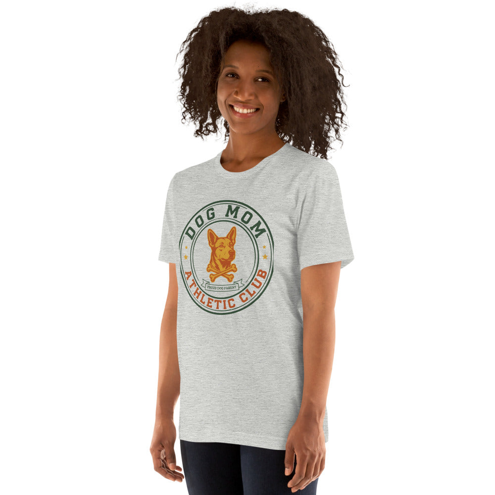Dog Mom Athletic Club vintage varsity crest tee — Athletic Heather, on model