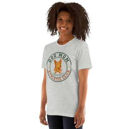 Dog Mom Athletic Club vintage varsity crest tee — Athletic Heather, on model