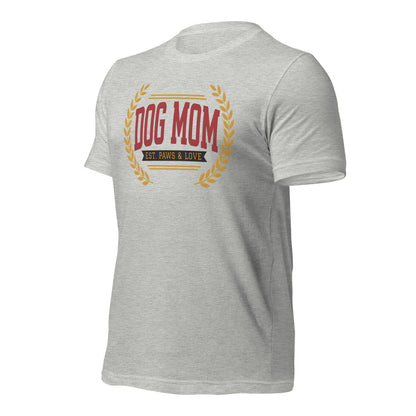 Dog Mom vintage varsity wordmark tee — Athletic Heather, front-right