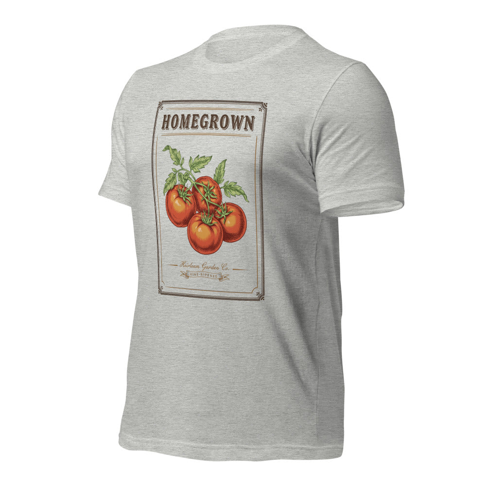Homegrown Heirloom Seed Packet gardening tee — Athletic Heather, front-right