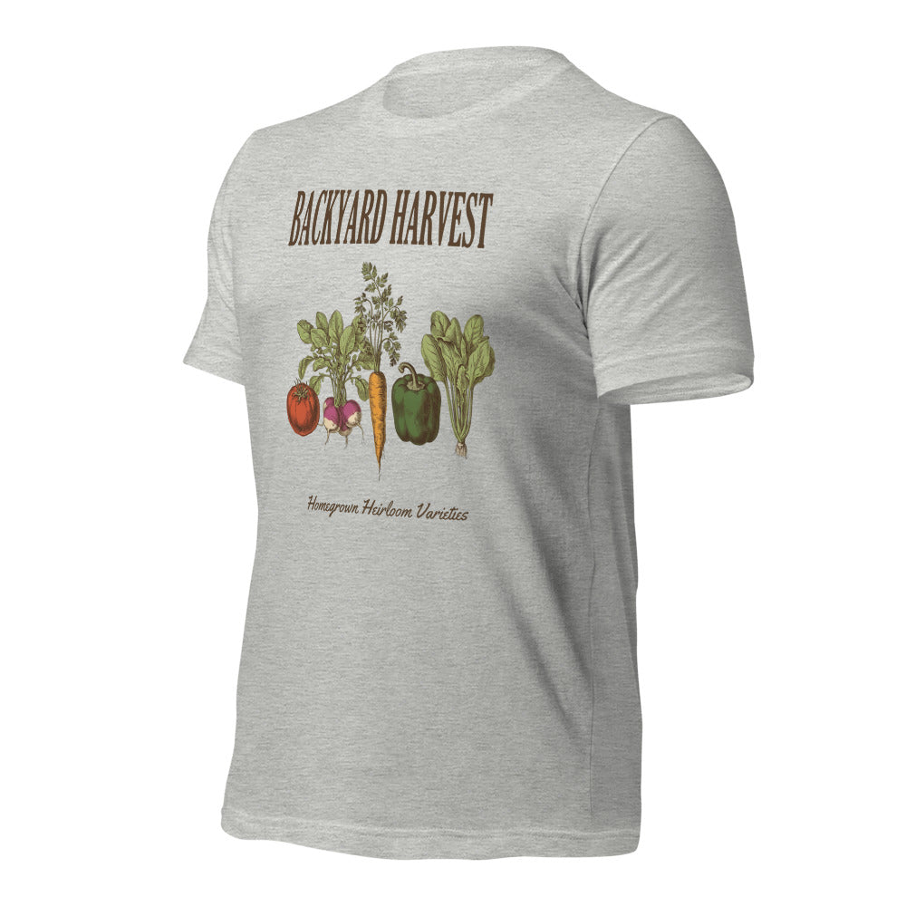 Backyard Harvest heirloom vegetable gardening tee — Athletic Heather, front-right