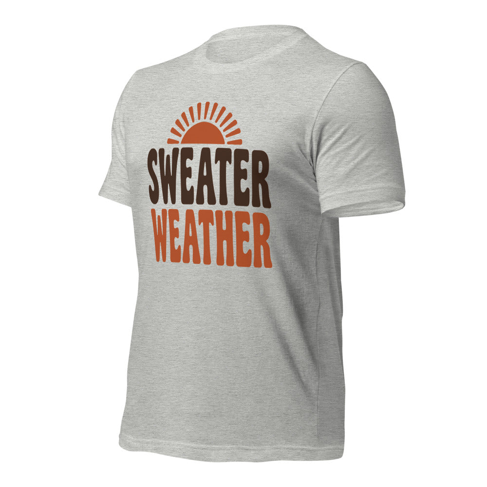 Sweater Weather retro 70s fall t-shirt — Athletic Heather, front-right