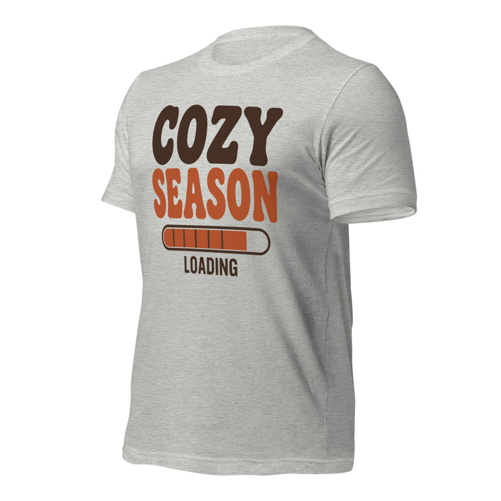 Cozy Season Loading retro 70s fall t-shirt — Athletic Heather, front-right