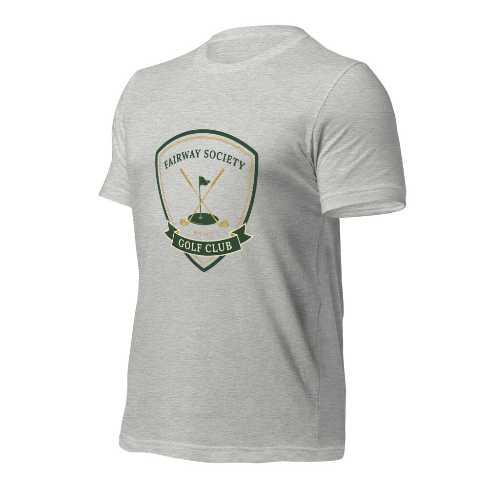 Fairway Society vintage golf club crest tee — Athletic Heather, front-right