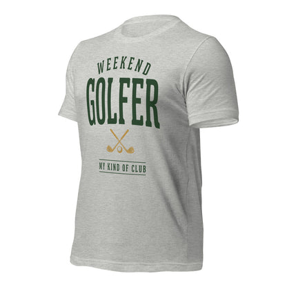 Weekend Golfer vintage golf wordmark tee — Athletic Heather, front-right