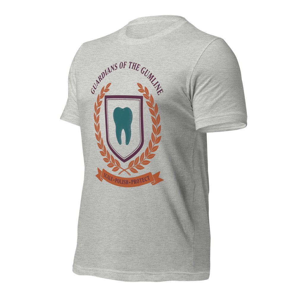 Guardians of the Gumline dental hygienist tee — Athletic Heather, front-right