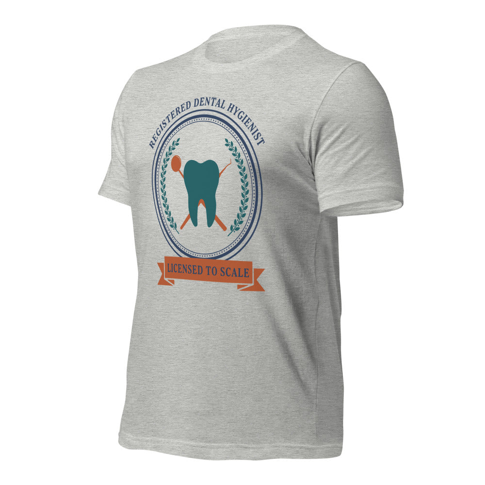 Licensed to Scale registered dental hygienist tee — Athletic Heather, front-right