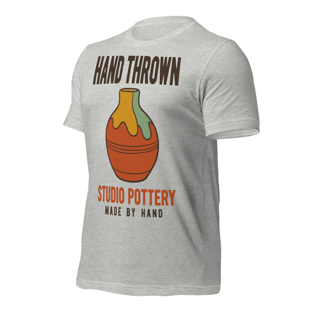 Hand Thrown Studio Pottery retro poster t-shirt — Athletic Heather, front-right