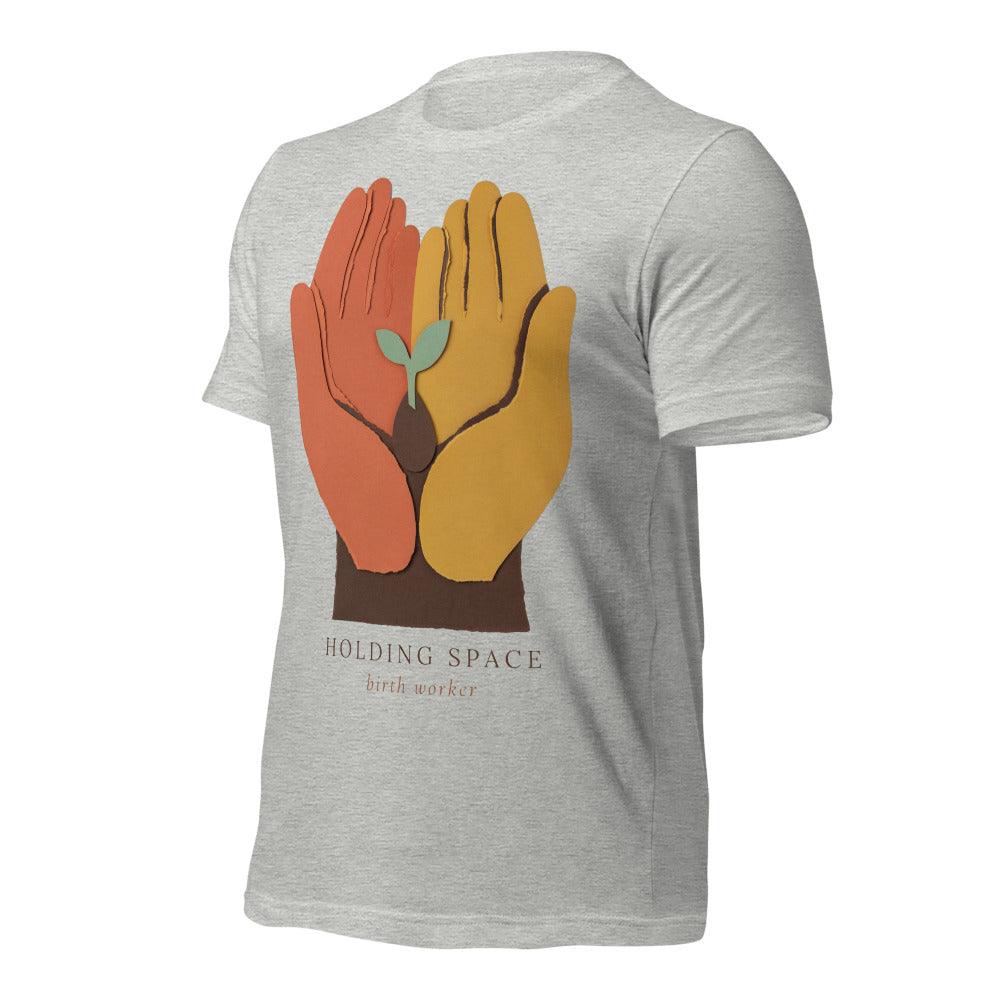 Holding Space birth worker doula t-shirt — Athletic Heather, front-right