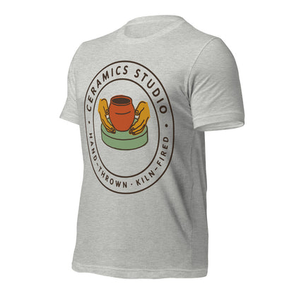 Ceramics Studio Badge hand-thrown pottery t-shirt — Athletic Heather, front-right