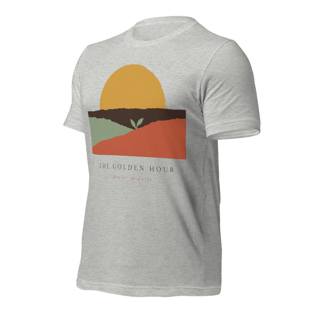 The Golden Hour birth worker doula t-shirt — Athletic Heather, front-right