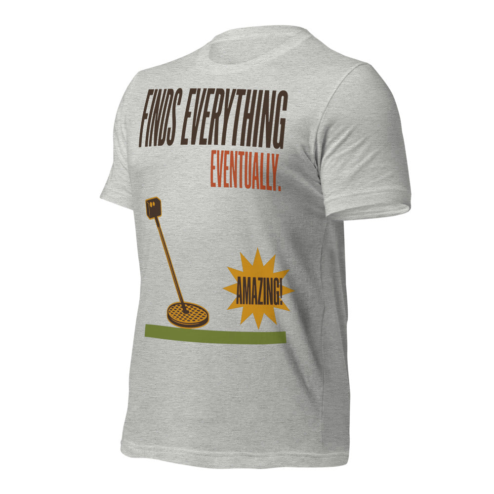 Finds Everything Eventually retro metal detecting tee — Athletic Heather, front-right