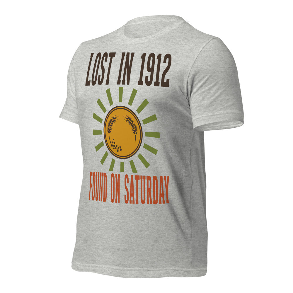 Lost in 1912 Found on Saturday retro metal detecting tee — Athletic Heather, front-right