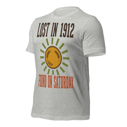 Lost in 1912 Found on Saturday retro metal detecting tee — Athletic Heather, front-right