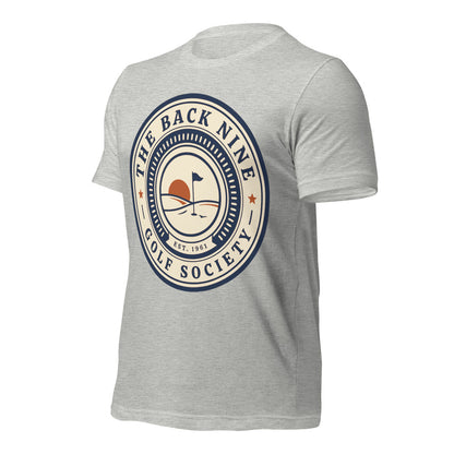 The Back Nine vintage golf roundel tee — Athletic Heather, front-right